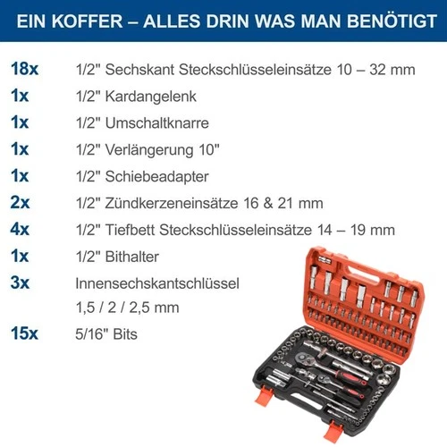 94tlg Steckschlüssel Satz Ratschenkasten Nusskasten Werkzeug Koffer Set Nüsse - Bild 5 von 8