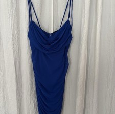 Windsor Royal Blue Mesh Ruched Cowl Neck Spaghetti Strap Bodycon Long Dress L