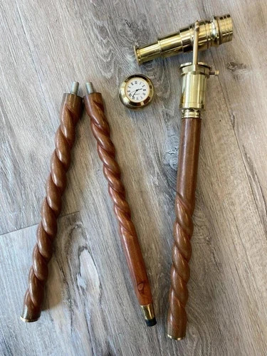 Handmade Brass Hidden Telescope Spyglass Spiral Wooden Cane Walking Stick Gift - Imagen 2 de 4