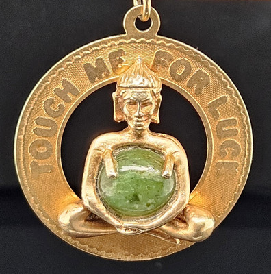 14K Gold BUDDHA TOUCH ME FOR LUCK Charm Pendant Jade Lucky Vintage 5 Grams