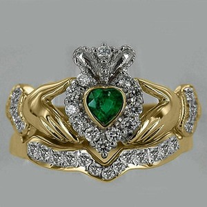 Authentic 2Ct Heart Claddagh Lab Created Emerald Engagement Ring 14K Yellow Gold Plated