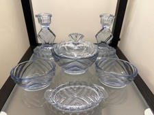 Vintage Art Deco Pale Blue 6 piece Glass Vanity Dressing Table Set, Incomplete