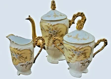Hand Painted Raised Gold Klingenberg Limoges Tea Set Yellow Forget Me Not c 1880