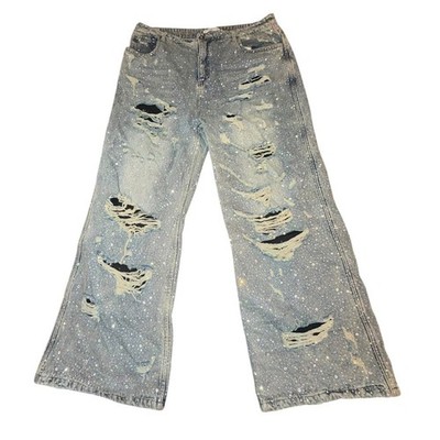 Vale Forever Valley Crystal Distressed Denim Jeans Rhinestone 34 Wide Leg