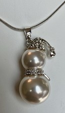 Christmas Snowman Necklace Silver Tone Snake Faux Pearls  Rhinestones 31   3  