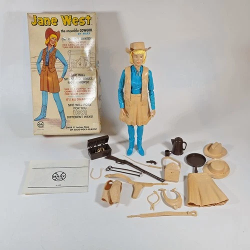 Vintage 1965 Marx Jane West Action Figure with Original Box and Accessories.