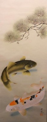 Hanging scroll Kawata Unho twin carp silk book rare scroll binding tea utensils