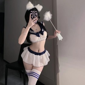 Sexy Sailor Uniform Lingerie Set Women Cosplay Costume Crop Top Mini Skirt Bow
