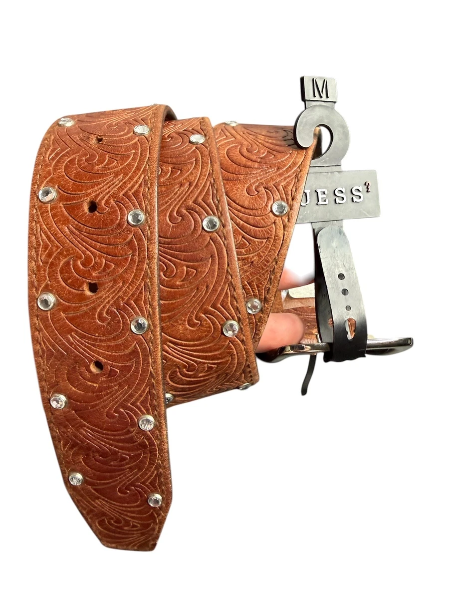 Guess Vintage Brown Leather Studded Rhinestone Belt XL Western Boho Grunge GUESS Rhinestone Leather Belts for Women for sale | eBay main image 3