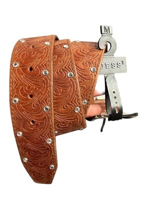 Vintage GUESS Leather Belt Rhinestone Studded Embossed Brown w/Silver Buckle SzM