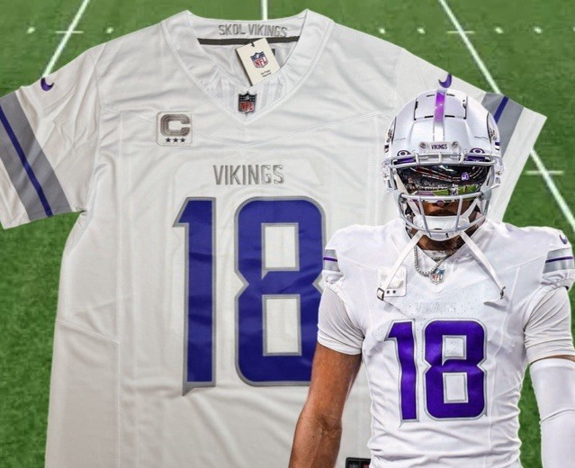 2XL Jefferson #18 Vapor FUSE Jersey Winter Warrior White Vikings