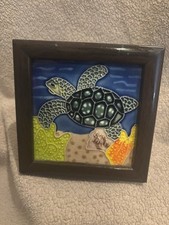 TILE, SEA TURTLE SWIMMING, RAISED DESIGN, Framed , 4"
