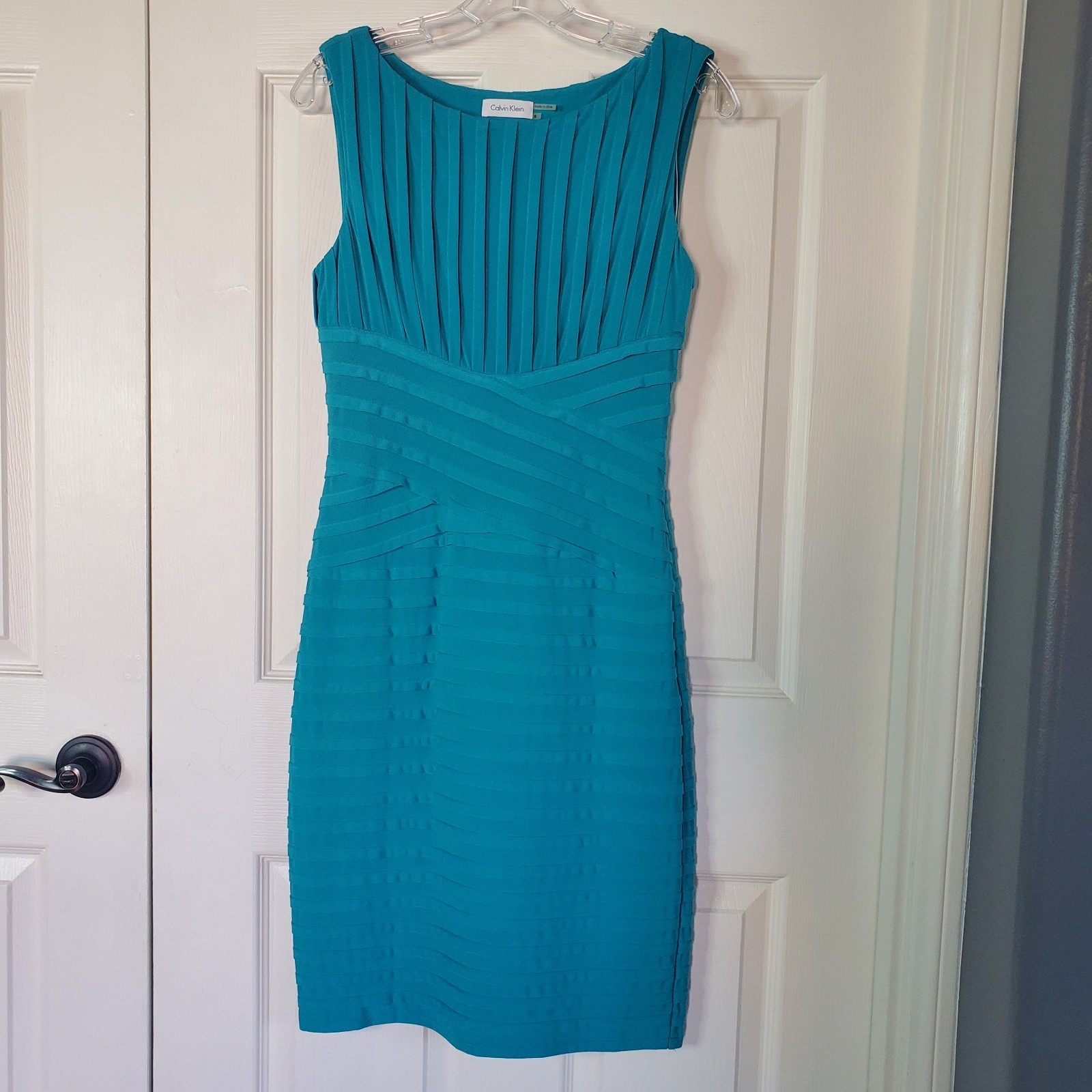 Calvin Klein Teal Blue Bandage Pleated Pin-Tuck Stretch Cocktail Dress Career 6