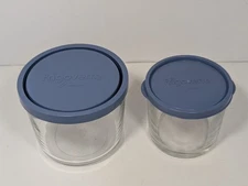 Frigoverre Set Of 2 Glass Round Bowl w/ Blue Lids Bormioli Rocco Made In Italy 