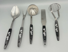 5 PC Vintage Kitchen Utensils Retro Black Handle Floral Stainless Steel USA Made