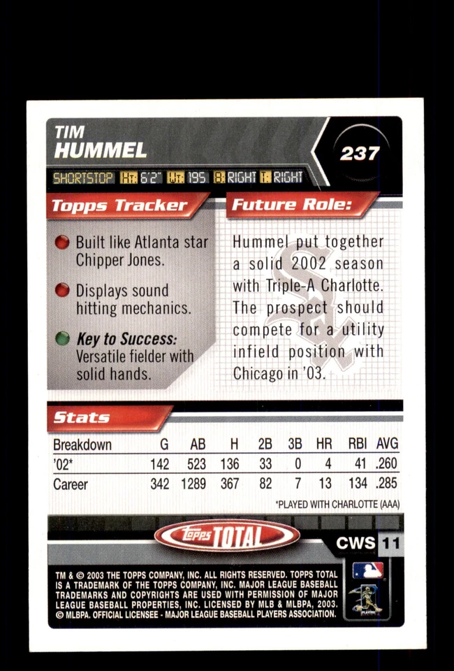 Signed Baseball Card Auto Tim Hummel 2003 Topps Total #237 Chicago White Sox - Image 2 of 2