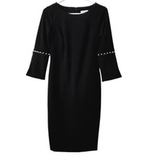 Calvin Klein Little Black Sheath Dress | NWT Size 2 | Bell Sleeve Pearl Detail