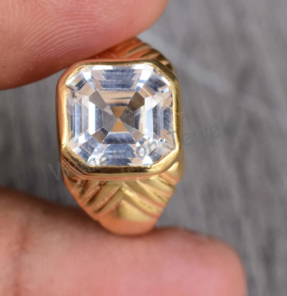 Anillo de plata de ley 925 con zafiro natural Asscher aspecto vintage certificado para hombre Foto 4 de 4