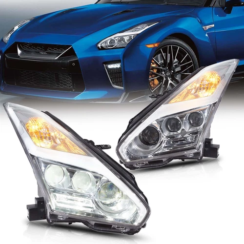 Faros LED completos para Nissan GTR R35 2009-2021 carcasa cromada con animación DRL - Imagen 1 de 10