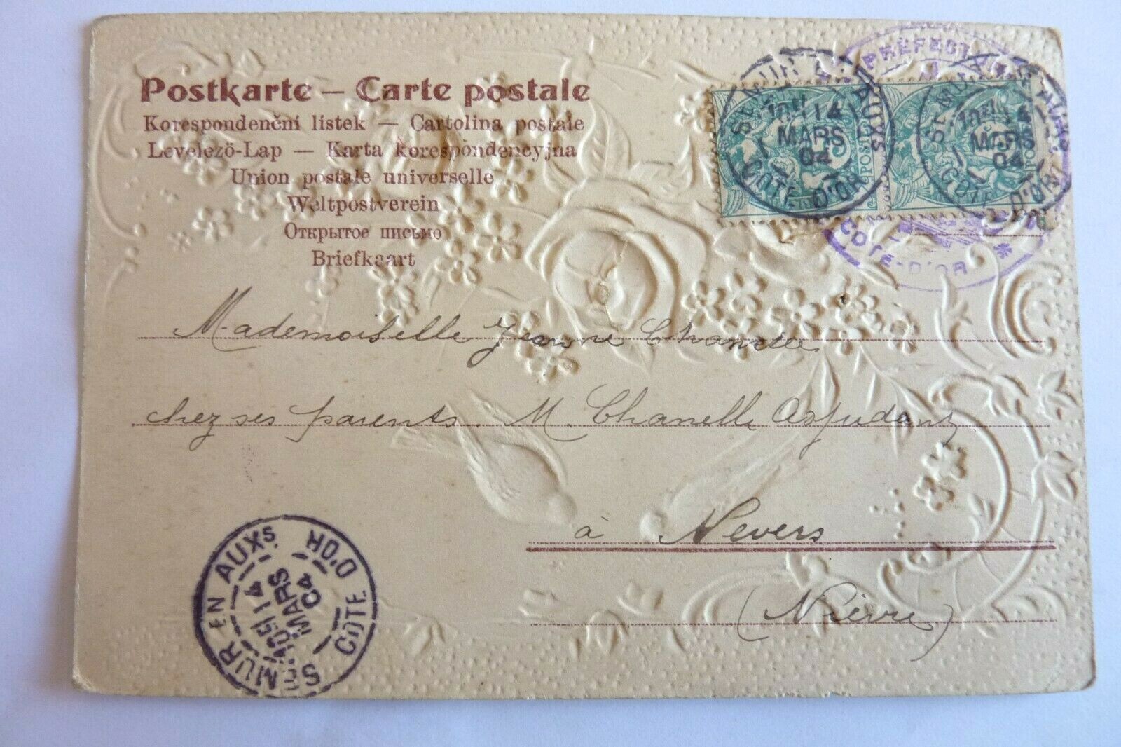 Carte ancienne, Bonne année, Paysage enneigé,houx,mignonnette gaufrée