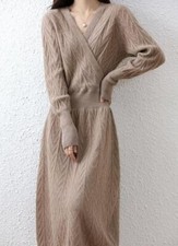 Women's Knitting Slim Fit Dress Long Sleeve V Collar Pullover Sweater Dress Chic