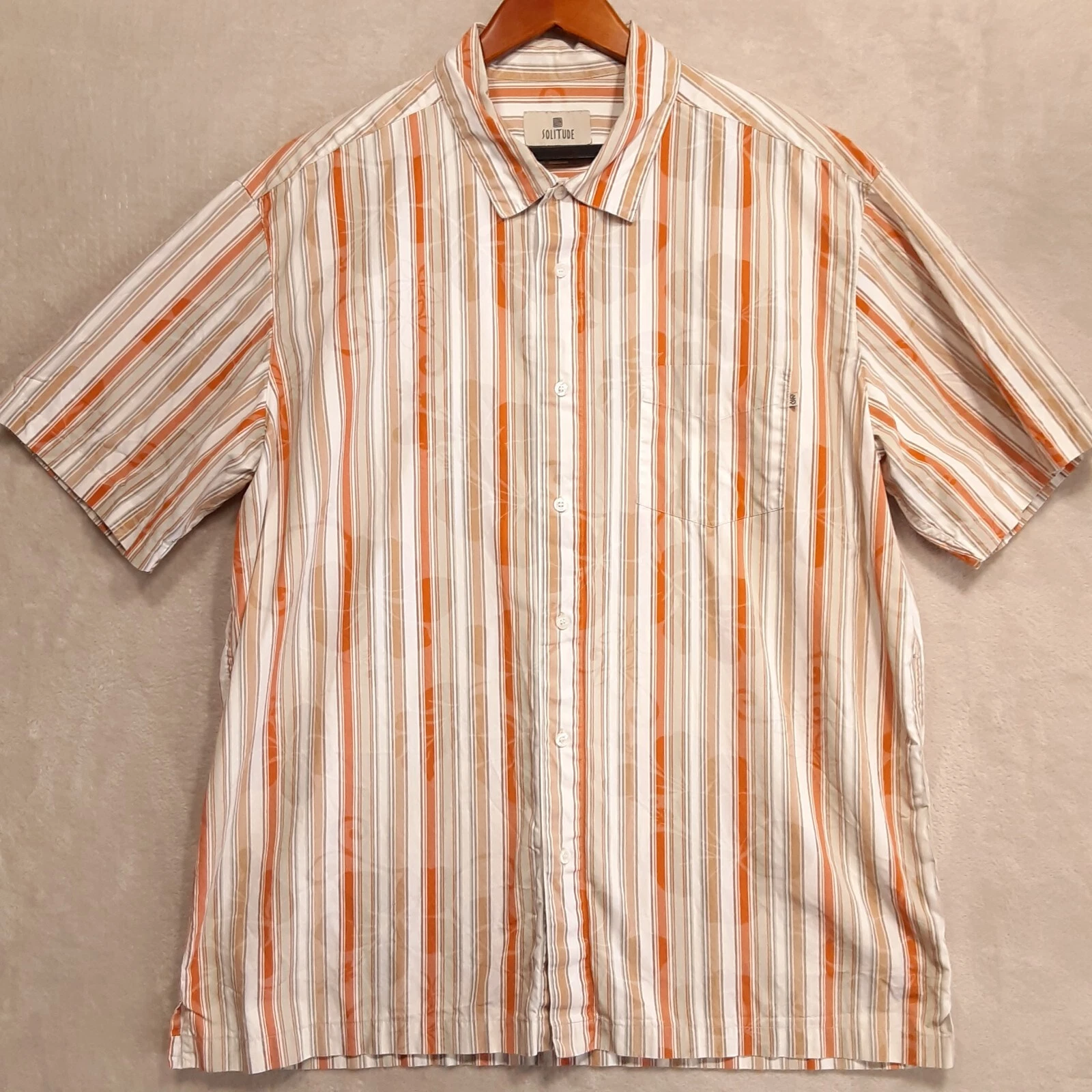 Solitude Mens Short Sleeve Button Shirt Sz.XL/Orange-Beige Stripes/Floral Print