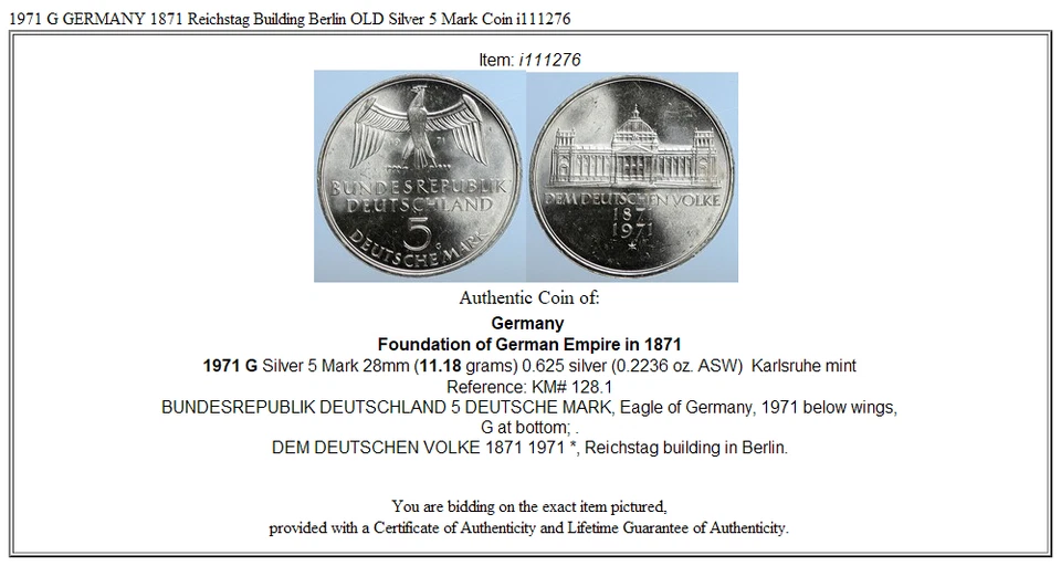 1971 G GERMANY 1871 Reichstag Building Berlin OLD Silver 5 Mark Coin i111276 - Image 3 of 3
