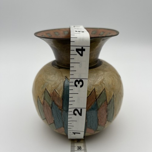 Vtg Short decorated brass vase enamel geometric tribal art - Bild 7 von 10