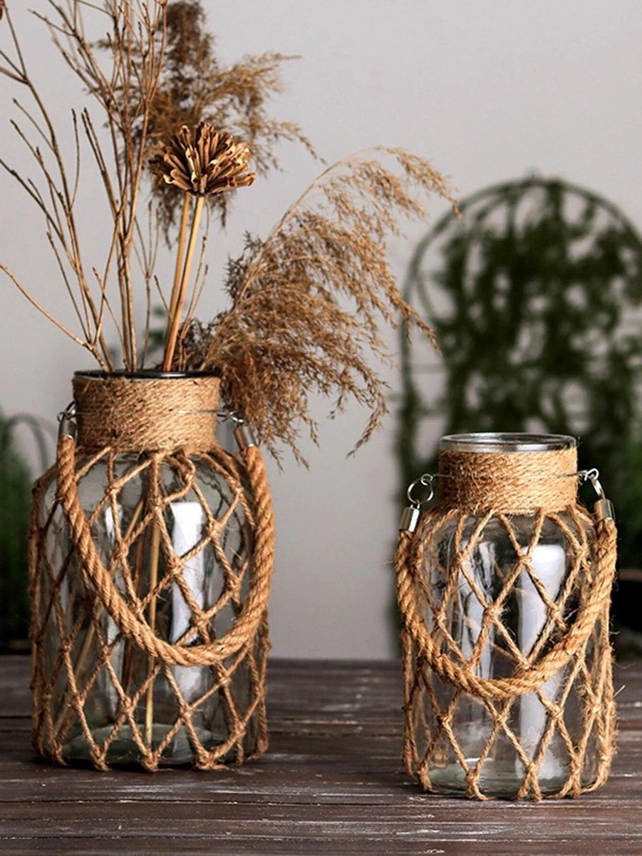 Rope Rustic Hanging Dry Flower Clear Glass Vase with Art