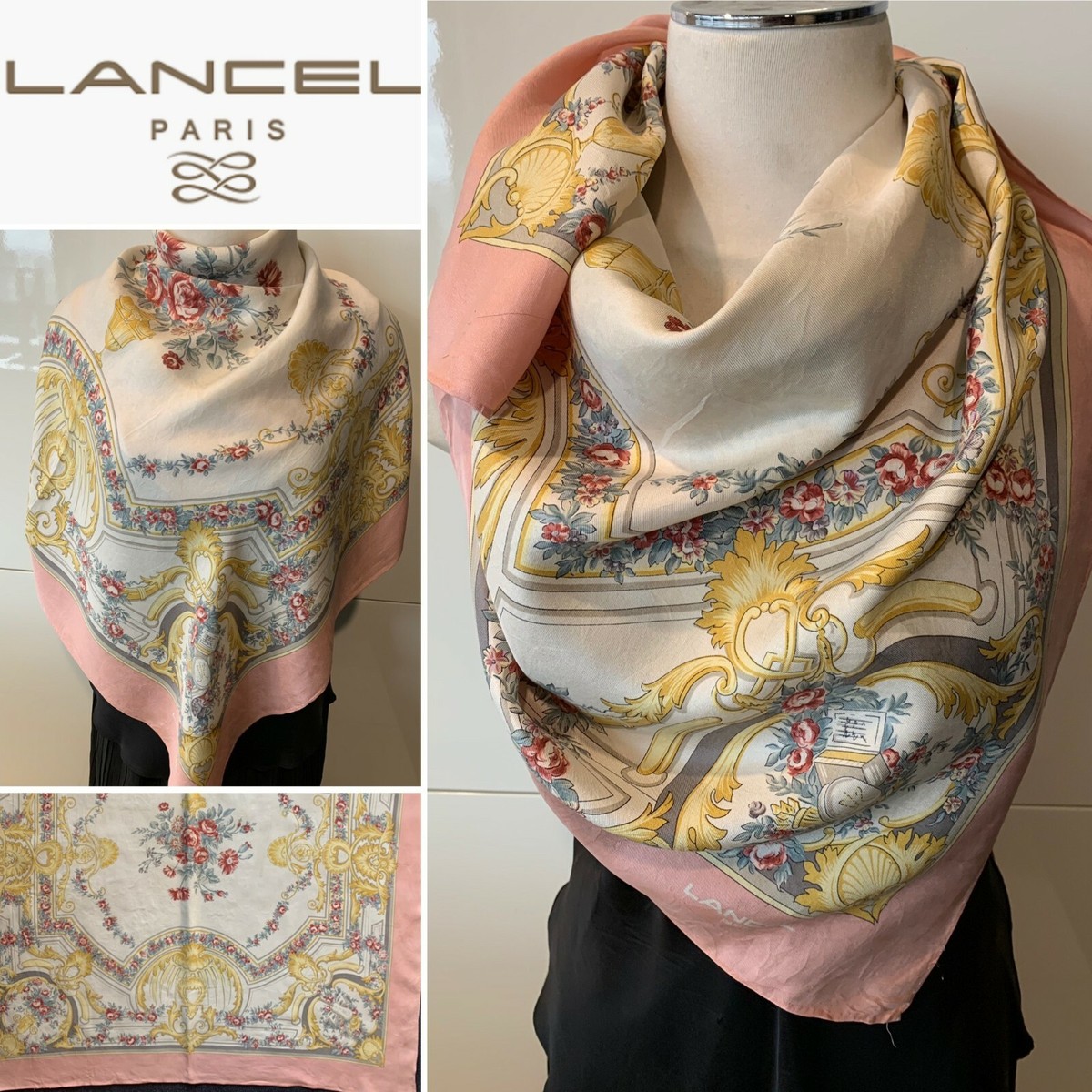LANCEL Paris Silk Twill Vintage Art Foulard Red,Ivory Scarf