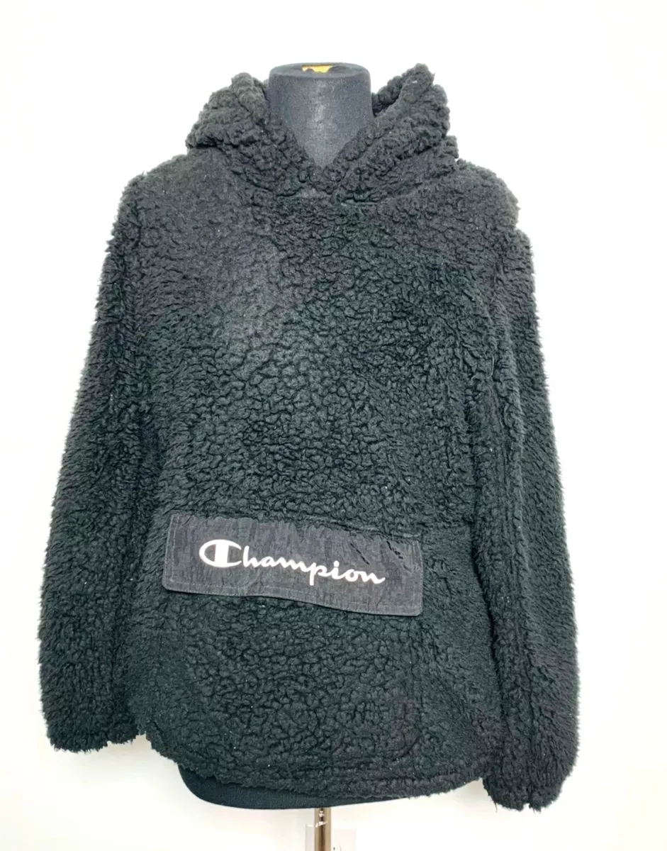 Champion Hoodie Faux Sherpa Furry Hoodie Fleece Front Pouch Pocket