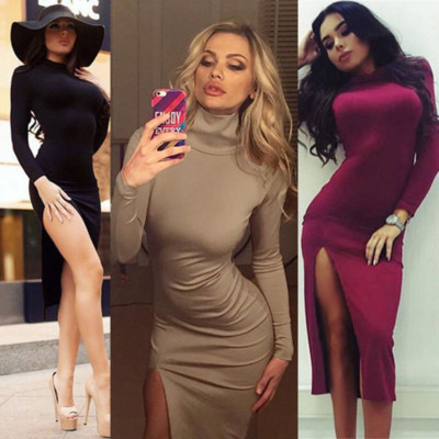 Women's High Neck Long Sleeve Bodycon Dresses Thigh Slit Evening Midi Club  Dress | eBay