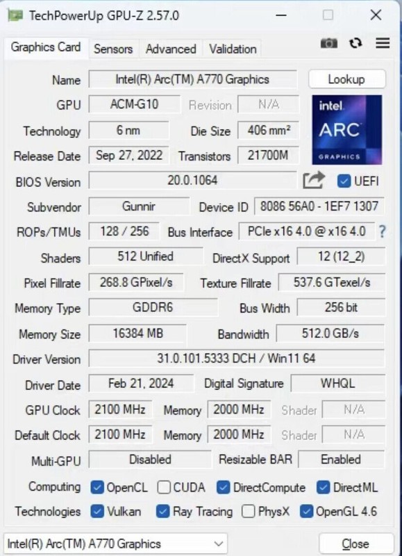 GUNNIR Intel Arc A770 16GB GDDR6 PHOTON Black OC Black Graphics Card