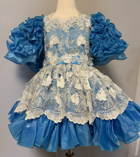 Little Girl Pageant party formal Dress Blue Lace Sequence Ruffles Handmade