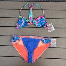 TYR Women's Blue/multi Flor Forest Kai Top & Florina Kiki Bikini Bottom Sz L New
