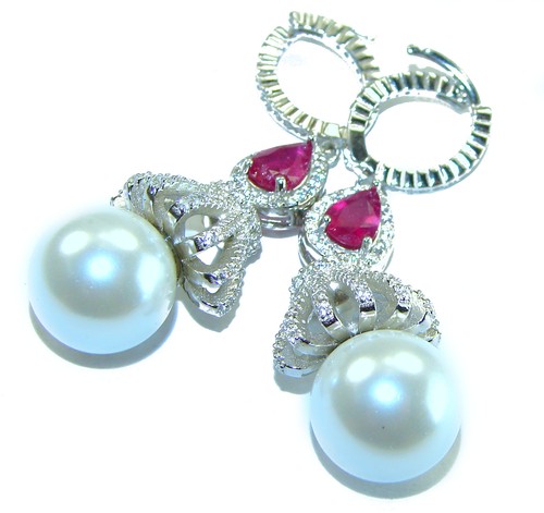 White Pearl Earrings 18K White Gold over 925 Silver Handcrafted Statement - Picture 2 of 4