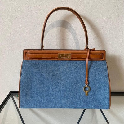 Tory Burch Lee Radziwill Denim Tan Leather Top Handle Bag