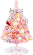 Mini Pink Christmas Tree with Lights, 2Ft Artificial Small Table Top Christmas T