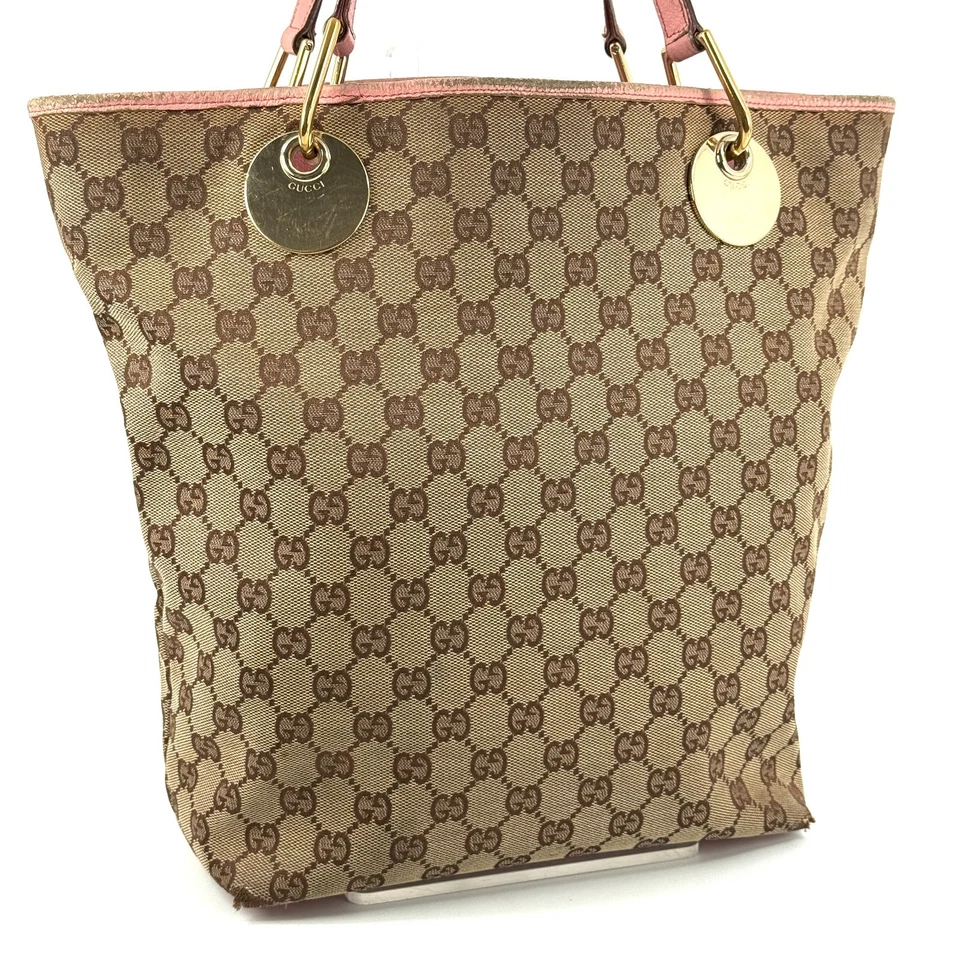 Auténtico bolso de hombro de lona GUCCI GG beige dorado cuero rosa Foto 2 de 4