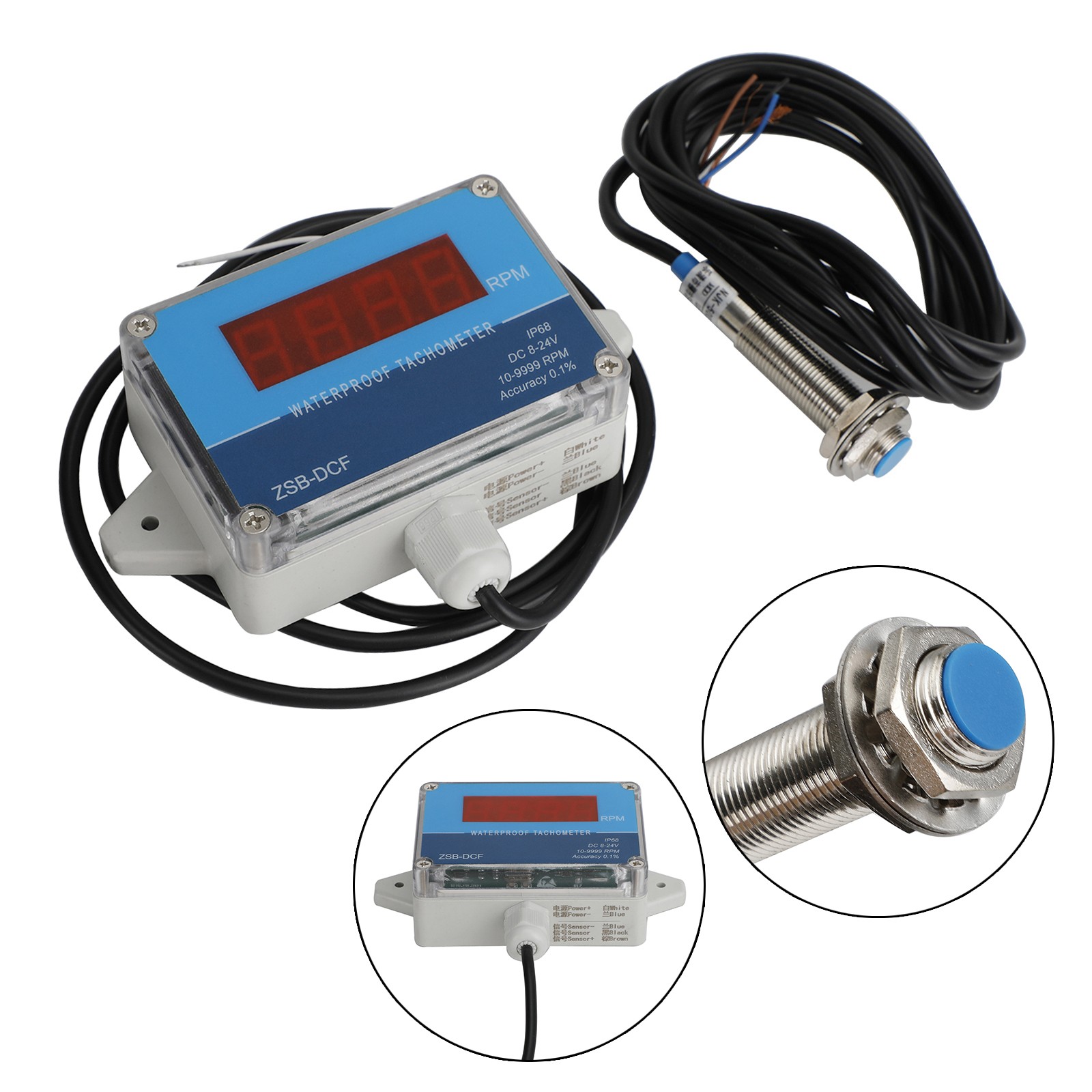 DC 8-24V IP68 Waterproof Hall Tachometer Digital LED Motor Speed Meter Tester