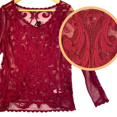 Express Sheer Lacey Top Womens S Burgundy Whimsigoth Romantic Coquette Night Out