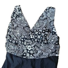 Longitude Surplice Swimsuit 10 Black White Bling Floral Resort Cruise Swim Nwt