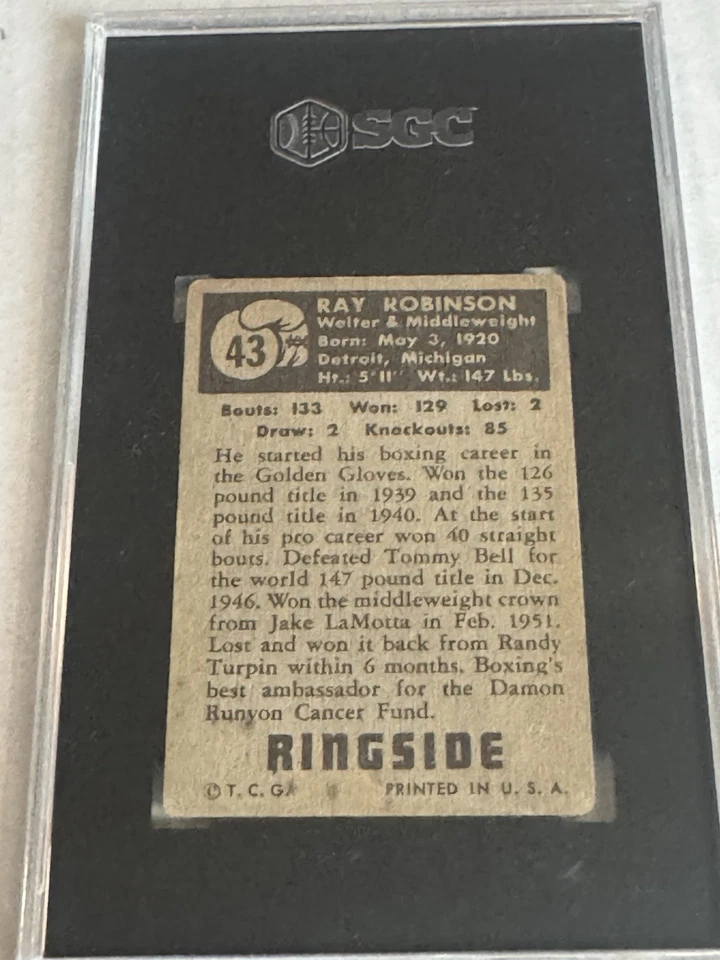 1951 Topps Ringside Ray Robinson #43 Middleweight Champion Hall Of Fame SGC 3 - Image 2 of 2