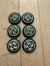 Lot 6 Small Buttons Vintage Green White Accent 12 mm Flat 4 Hole- Scuff On Back