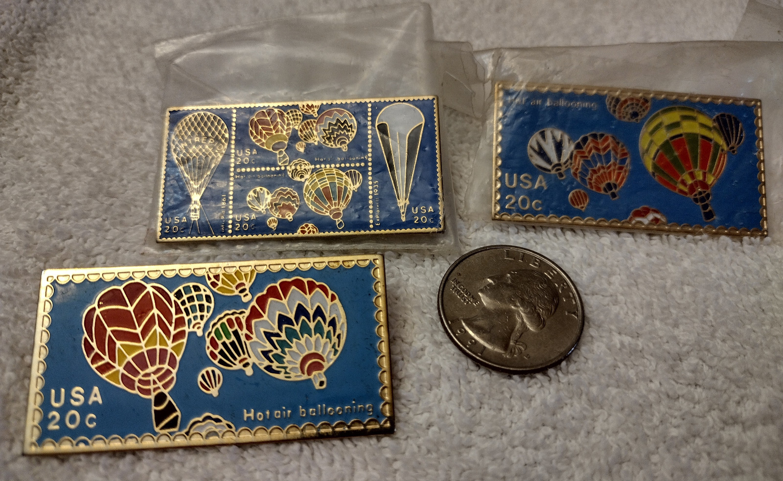SET OF 3 USPS 20c Hot Air Balloons Postage Stamp Lapel Pin 1983 The March Co