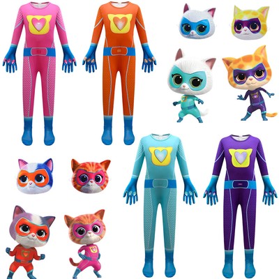 Kinder Jungen Mädchen Super Kitties Kostüm Jumpsuit Maske Halloween Outfit Set