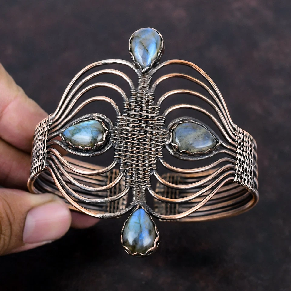 Brazalete ajustable envuelto en alambre para mujer joyería cobre labradorita Foto 4 de 4