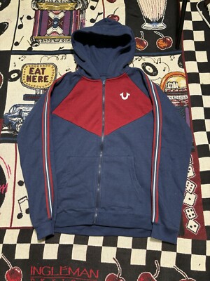 Vintage True Religion Full Zip Hoodie Sweatshirt Red Blue Womens Sz XL  Horseshoe