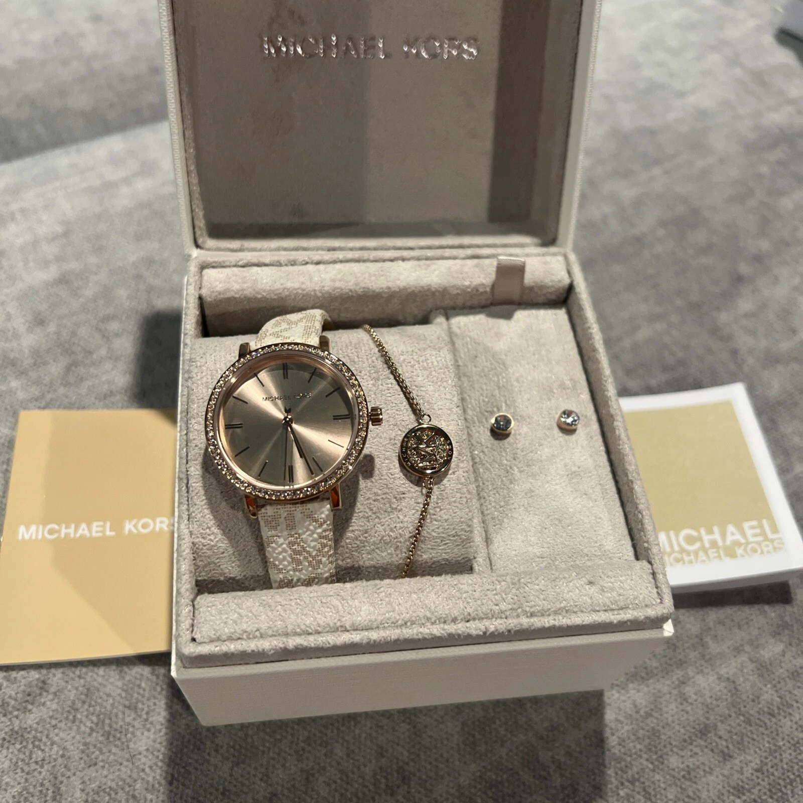 Nuovo Michael Kors orologio pelle oro rosa bracciale orecchini donna diamanti borsello