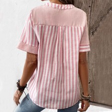 Summer V-neck Short-sleeved Shirt Blouse Fashion V-neck Asymmetric Stripes Patch